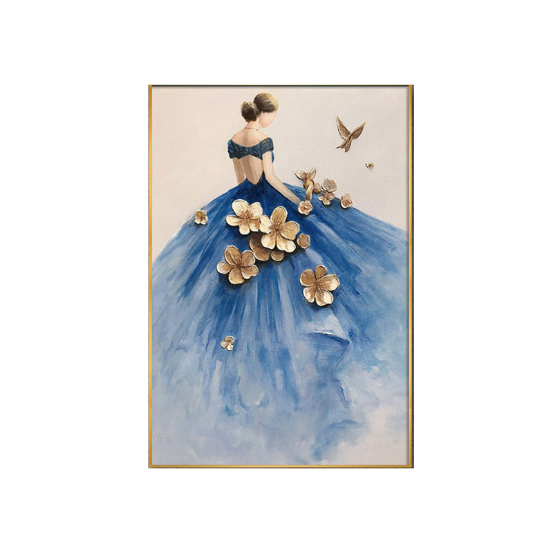 蓝色金箔花朵样板间纯手绘油画