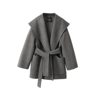 POPCHRIO欧可芮100%初剪羊毛高级感大翻领短款双面呢大衣毛呢外套