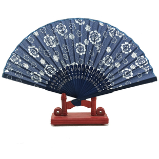 5把 旅游景区景点工艺品兰花布扇江南水乡蓝花布扇子女扇义乌折扇