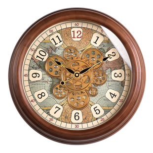 中古风客厅齿轮机械实木挂钟餐厅时钟表艺术复古大气挂表2026新款