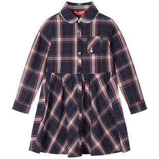 暇步士童装女童连衣裙中大童春秋新款长袖新年裙学院风洋气格子裙