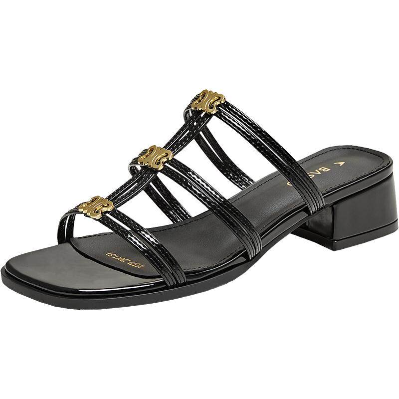 百思图25夏商场新款时尚复古方头粗跟外穿女条带罗马拖鞋B5379BT5