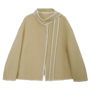 图曼朵黄色双面呢外套女短款2025冬季新款宽松小个子呢子羊毛大衣