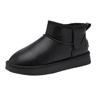 大东防水雪地靴女款2025新款冬季皮面加绒加厚保暖黑色棉鞋女棉靴