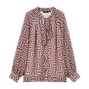 颜域红色格纹衬衫女2026初春新款泡泡袖通勤显瘦打底印花雪纺上衣