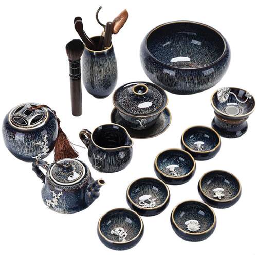康乐品建盏镶鎏银茶具套装家用陶瓷曜变石飘壶景德镇茶器茶杯茶道