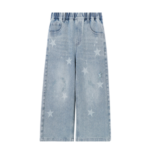 布丁哈鲁春装女童童装裤子2026春季新款儿童直筒星星浅牛色仔裤
