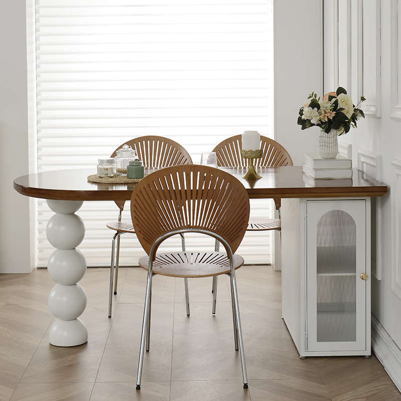 法式中古风实木餐桌餐边柜一体家用小户型客厅奶油风半圆形岛台桌