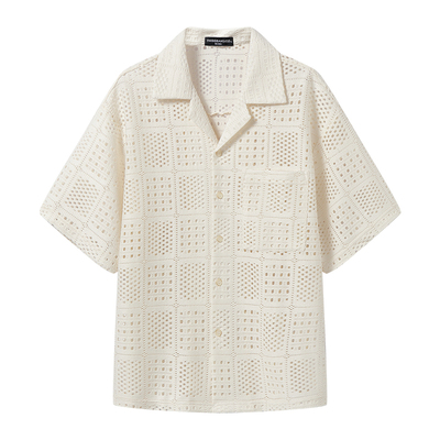 白口阳【日光岛屿】2025年男女同款 古巴领镂空松弛度假白色衬衫