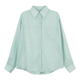 弥古绿色冰丝防晒天丝衬衫外套薄款女夏季外搭罩衫中长款长袖衬衣