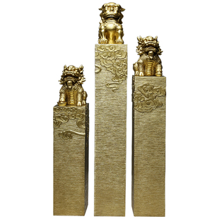 新中式摆件入户门玄关装饰栓马柱金色招财貔貅一对麒麟拴马桩立柱