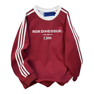 新款字母印花小众宽松加绒圆领三条杠卫衣男学生冬季设计感外套潮