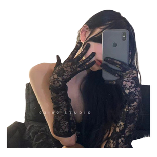 法式黑丝网纱新娘蕾丝手套女圣诞节结婚手纱婚纱黑色性感拍照袖套