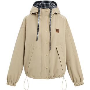 KBNE巴恩风工装短外套女2026秋季新款格纹连帽百搭小个子长袖开衫