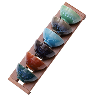 窑变建盏茶盏陶瓷大号斗笠杯茶杯6只不同颜色茶碗品名杯套装杯架