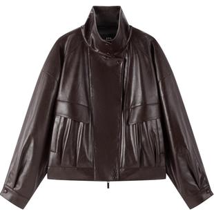 【秀场同款】太平鸟金属丝PU廓形外套女25无花果紫皮衣A1BBF3525