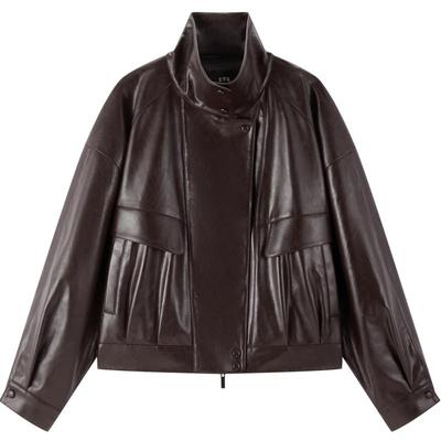 【秀场同款】太平鸟金属丝PU廓形外套女25无花果紫皮衣A1BBF3525