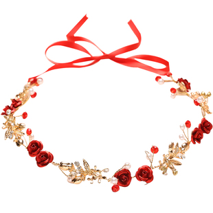 儿童花环头饰公主森系红色超仙生日礼服配饰花童耳环仙美韩版发箍