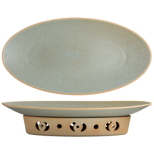 高级感鱼盘加热盘创意带加热炉海鲜盘蒸鱼盘子鱼肉盘商用位上餐具