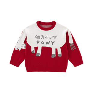 男童马年毛衣新款女宝宝中小童双层加厚套头红色马图案内搭针织衫
