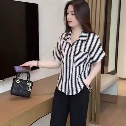 设计感短袖条纹衬衫女休闲印花上衣夏季新款时尚宽松衬衣遮肉小衫