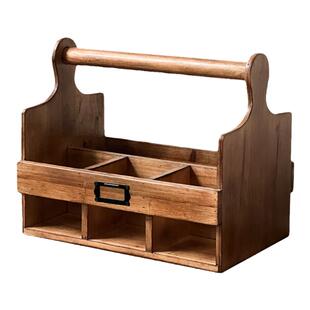 闻森家居复古实木质手提篮分格杂物客厅桌面咖啡水杯子饮料收纳盒