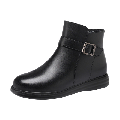 红蜻蜓冬季短靴真皮加绒加厚棉靴