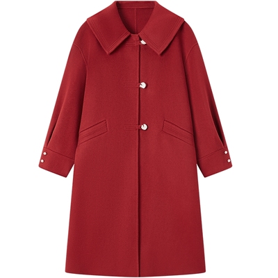 爱居兔冬季新款深红色时尚绵羊毛双面呢大衣