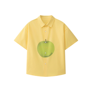 虾酱麻麻男童短袖衬衫春装2026新款男孩纯棉上衣卡通印花儿童衬衣