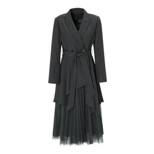 IDPAN连衣裙女春季新款时尚西装领拼接网纱裙子通勤气质显瘦女装