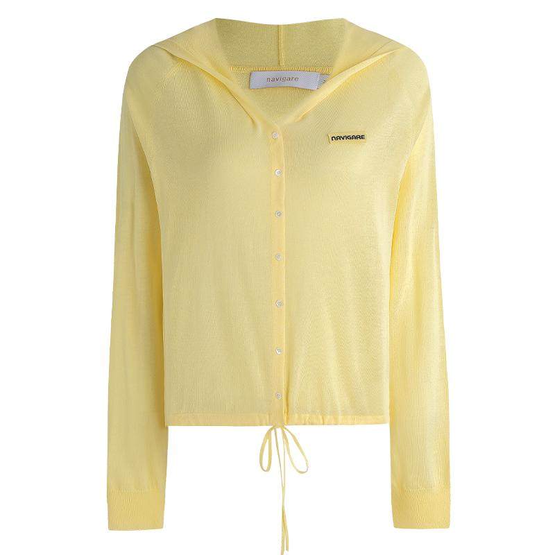 Navigare小帆船亚麻针织开衫女2026夏季宽松罩衫轻薄连帽黄色小衫