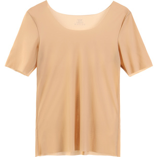 STW冰丝短袖女夏季无痕肉色打底上衣白衬衫防透内搭低领超薄T恤