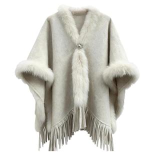 2025秋冬新款狐狸毛流苏披肩斗篷气质羊毛大衣女名媛高级感厚外套