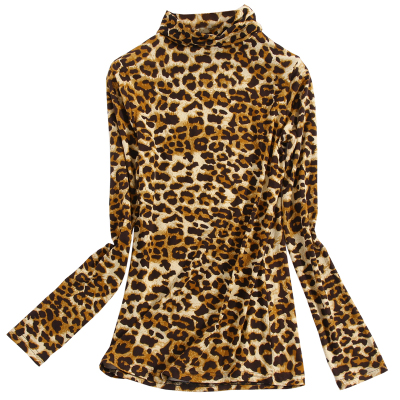 豹纹高领修身长袖显瘦上衣女