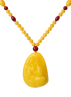 蜜蜡吊坠女长民族风琥珀项链鸡油黄老蜡毛衣链复古百搭水滴挂坠