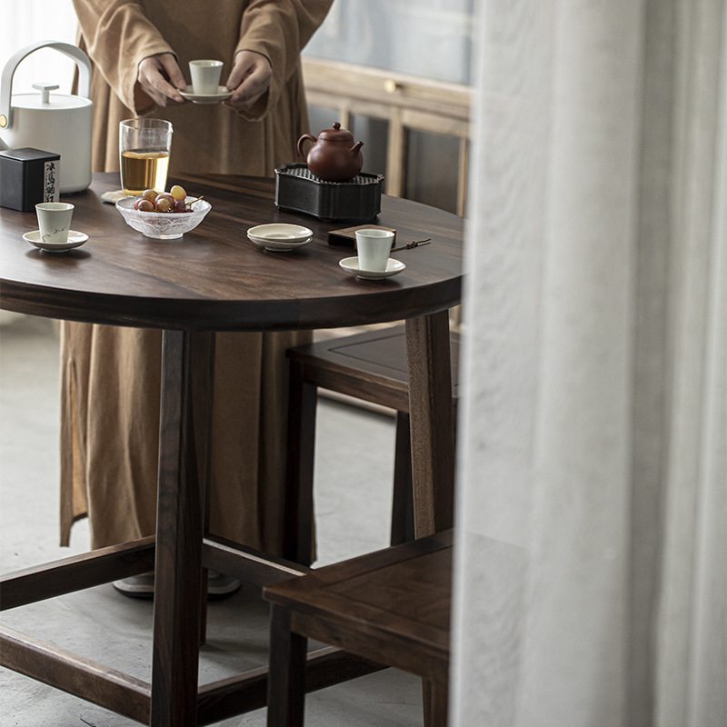 墨己 黑胡桃木圆形茶桌 新中式茶室用整套一桌四椅 茶空间摆放桌