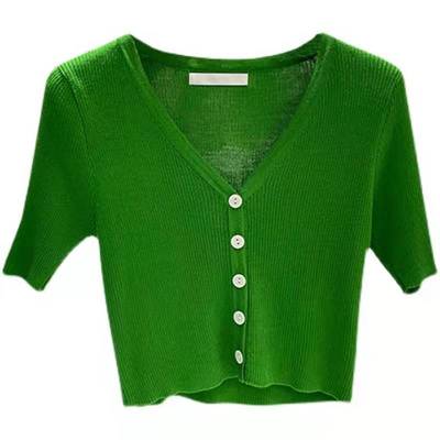 v领短袖针织单排扣开衫冰丝