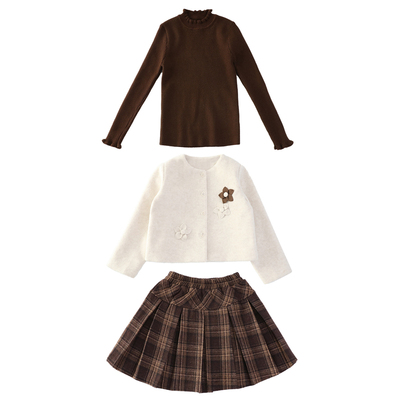 女童呢子外套毛衣百褶裙子三件套