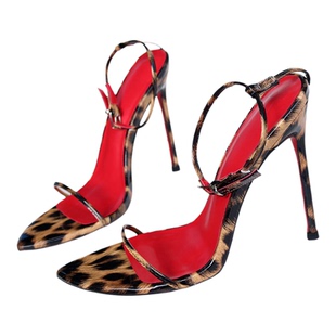 豹纹红底高跟凉鞋一字带细跟性感夜店大码床上宴会欧美CD变装13CM