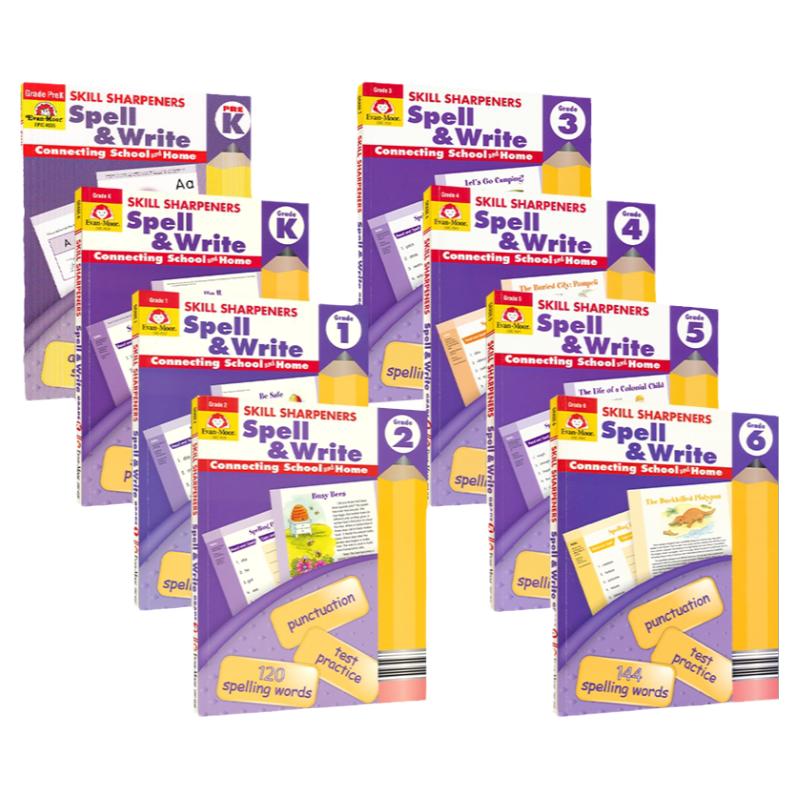 全年级英语拼写 Evan Moor Skill Sharpeners Spell & Write Prek-G6 美国学龄前幼儿园小学加州教材教辅 技能铅笔刀系列练习册