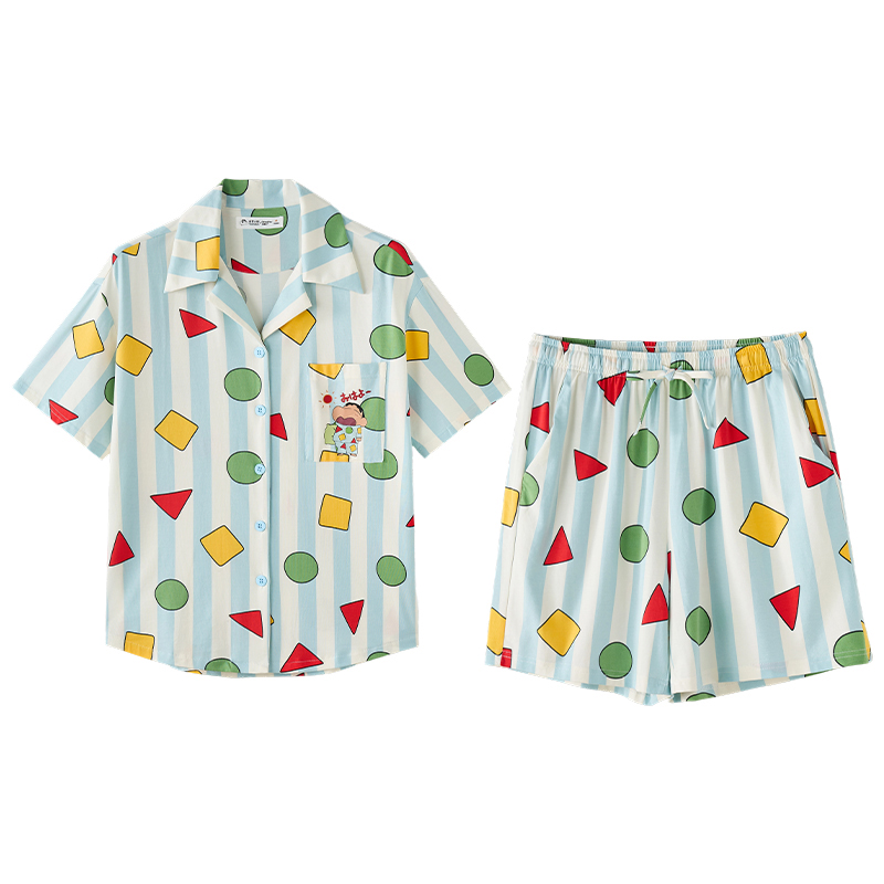 親嘴貓【蠟筆小新】春夏季莫代爾棉短袖睡衣女條紋卡通家居服套裝