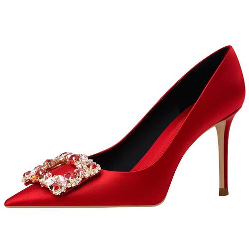 rose castle婚宴鞋 红色秀禾婚鞋女中式婚礼水钻方扣高跟新娘单鞋