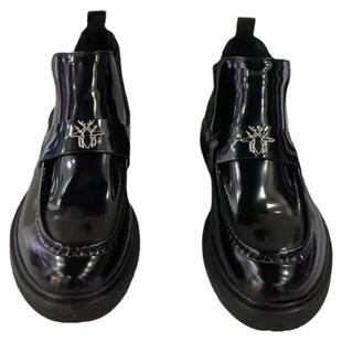 亮面开边珠牛皮套脚短靴 真皮高帮切尔西靴 潮男加绒保暖高邦皮鞋