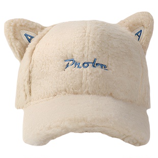 韩国2025新款羊羔毛绒棒球帽子女秋冬加厚保暖可爱猫耳朵鸭舌帽潮