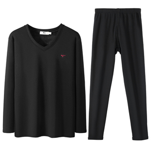 七匹狼保暖内衣男加绒加厚冬季V领棉毛衫中老年男式秋衣裤V型低领