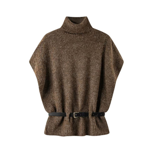 韩版慵懒风高领咖色针织马甲女装外穿宽松叠穿背心腰带套头款2025