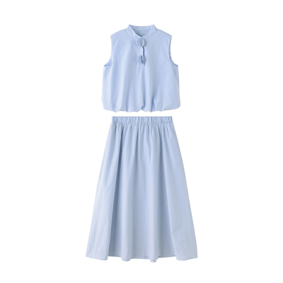 LUNAFUNG冯下文·乔欣穿搭蓝色花苞无袖上衣A字半身裙t恤伞裙套装