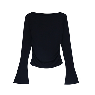 MULVAN 都市女神 chic韩系一字肩上衣女喇叭袖修身针织露肩t恤