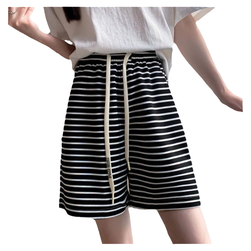 短裤大码女胖mm斑马纹运动短裤女夏季高腰休闲宽松显瘦条纹五分裤
