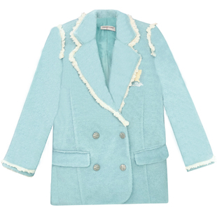 ziziFei秋冬季中长款设计感美式加绒妮子蓝绿西装大衣毛呢外套女